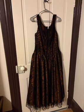 Sleeveless Copper Midi Dress with Black Lace Overlay